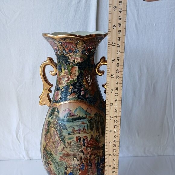 Satsuma Style Large Asian Morriage Porcelain Gold Handle W/ Stand 18" - Picture 13 of 13